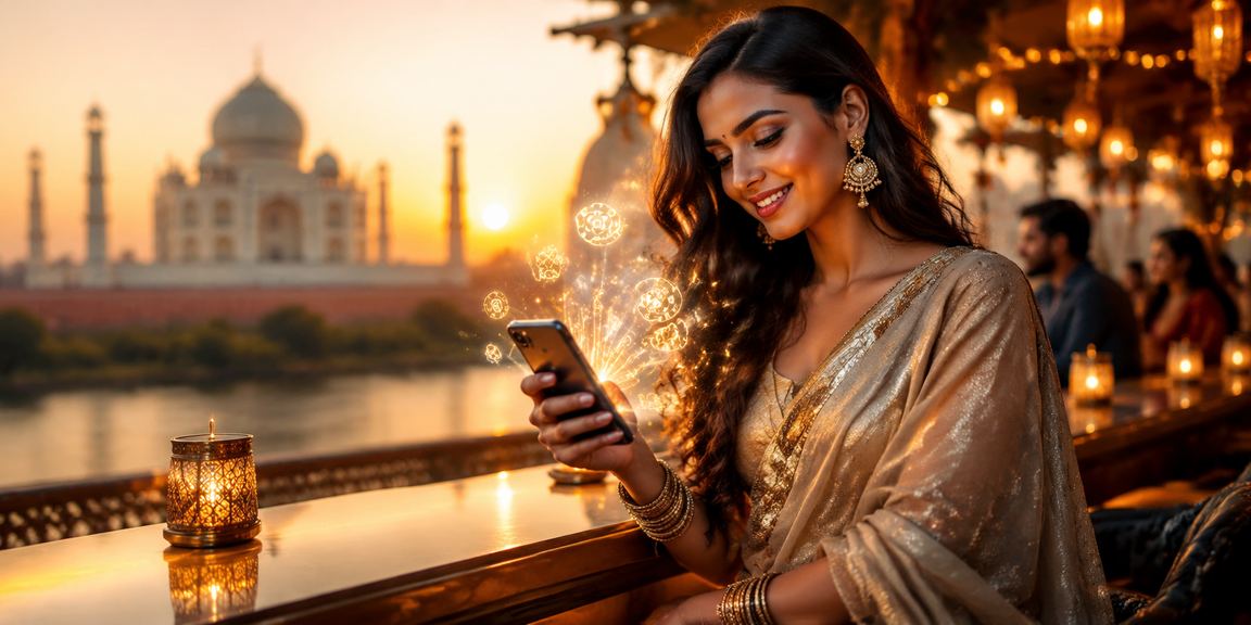 Scenic view of Taj Mahal with online lottery concept